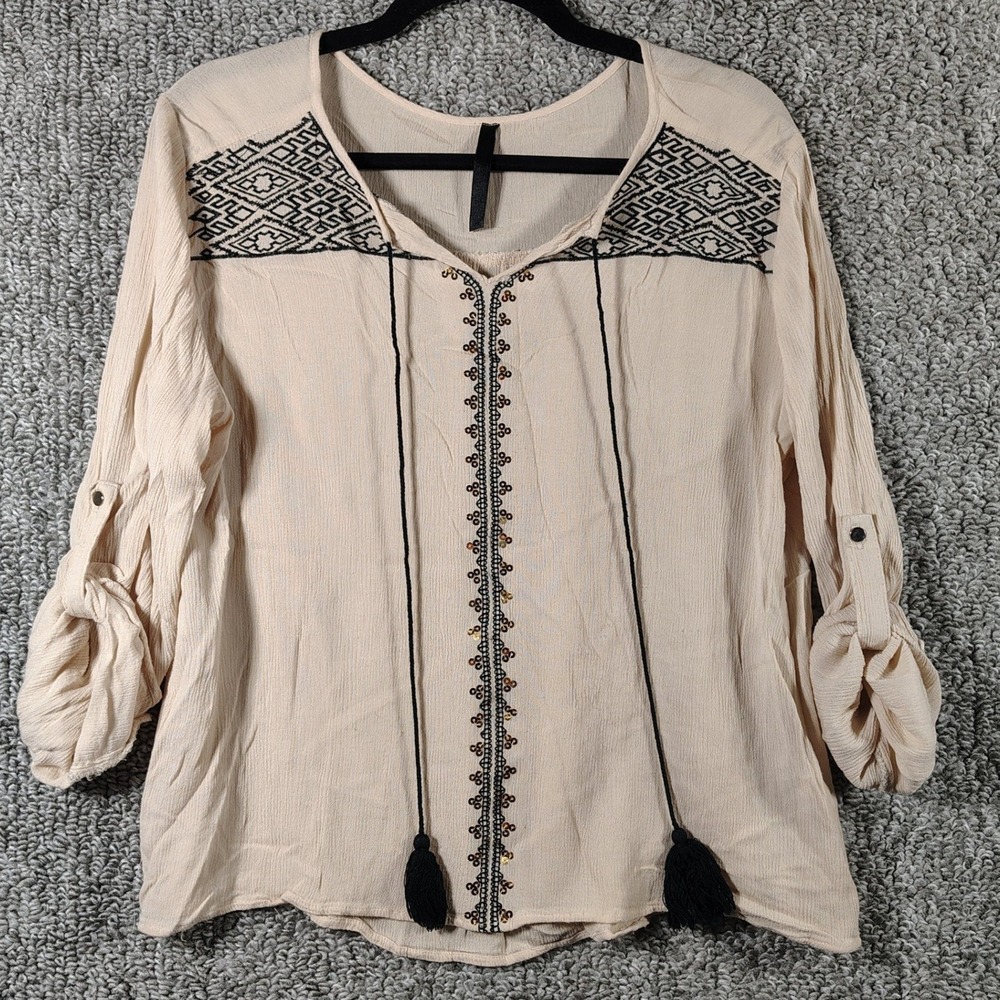 Sweet Peasant Blouse Beige Embroidered Tassel Boho Women Medium